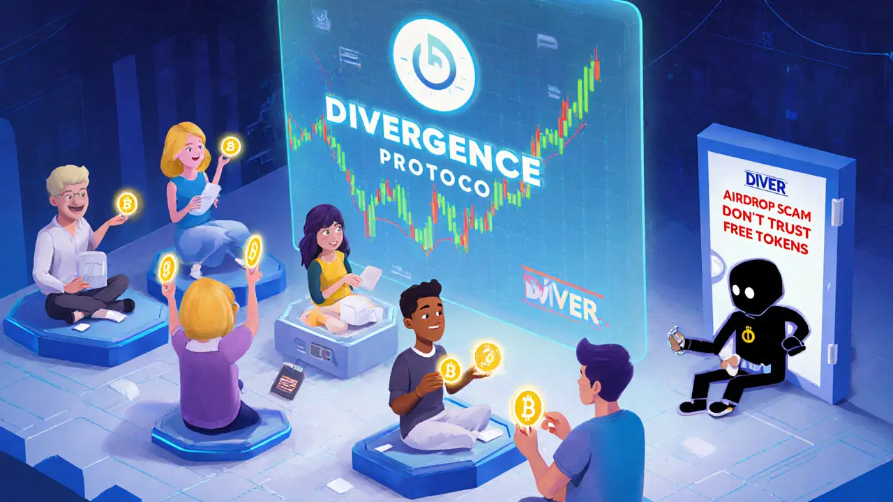 A community of DeFi users vote with DIVER tokens in a floating digital town hall, with volatility graphs above them.