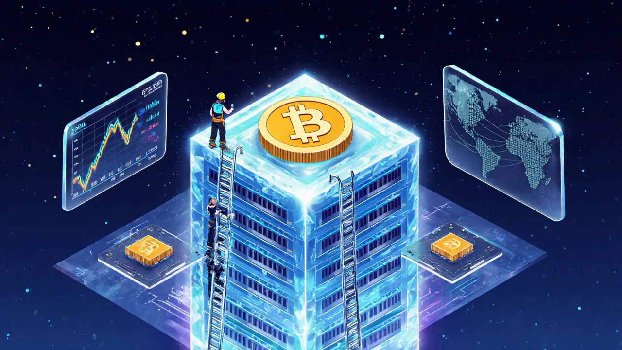 A glowing crystal Bitcoin tower rises in 2030, surrounded by holograms of price and energy data.