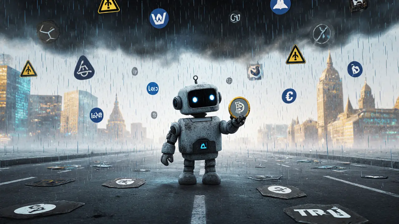 A lonely robot holds a ghost token on a deserted digital street under falling scam alerts.