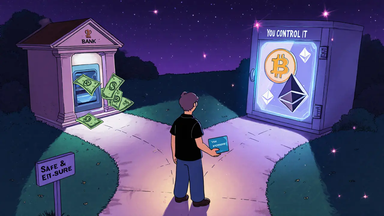 A person stands at a crossroads between traditional banking and cryptocurrency, holding both a wallet and a debit card.