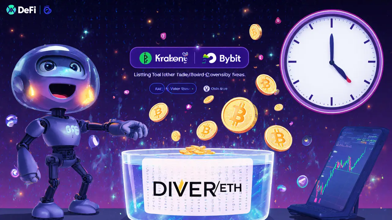A robot trader deposits ETH into a glowing DIVER/ETH liquidity pool as DIVER tokens rain down as rewards.
