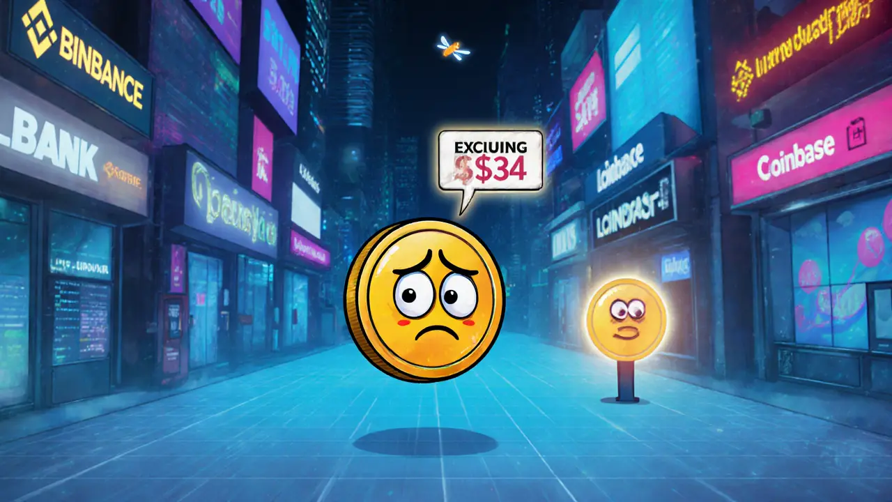 A tiny sad token floats in an empty digital marketplace, ignored by giant exchanges.