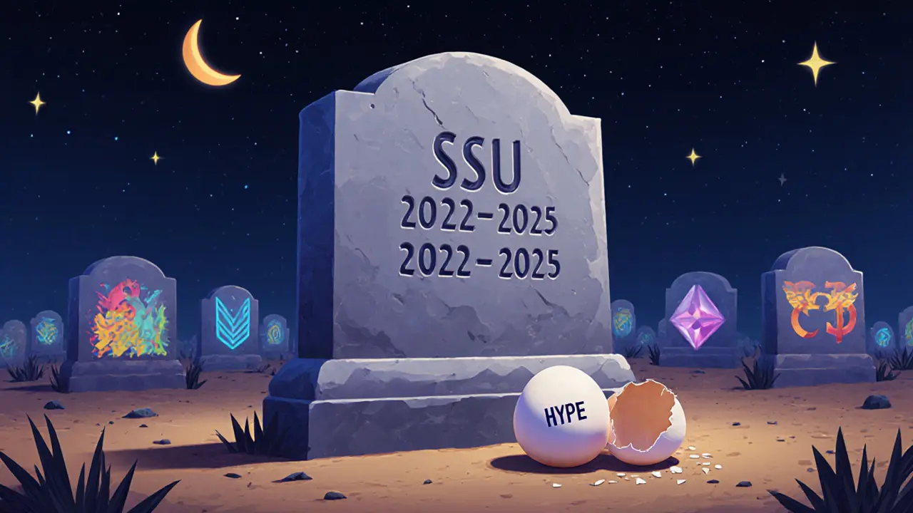 A tombstone marks the death of SSU in a graveyard of failed crypto projects.