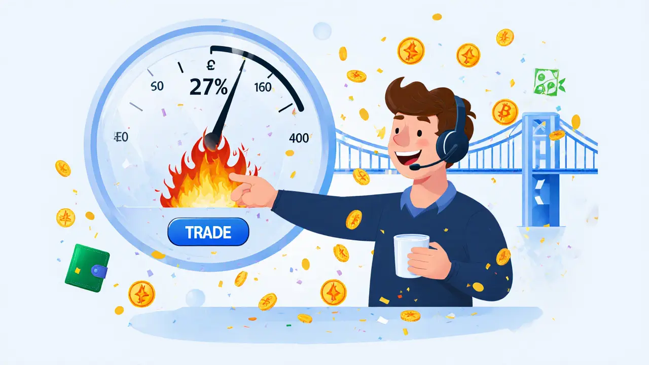 A trader celebrates as LEO tokens turn into confetti, with a burn meter showing 27% profit destruction.