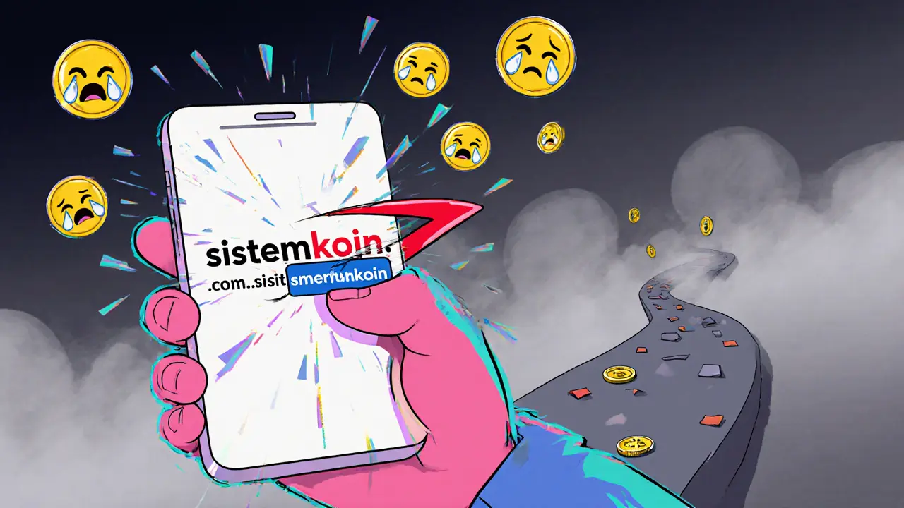 A user’s phone screen glitches from sistemkoin.com to sistemkoin.us.com as coins trail away into fog.