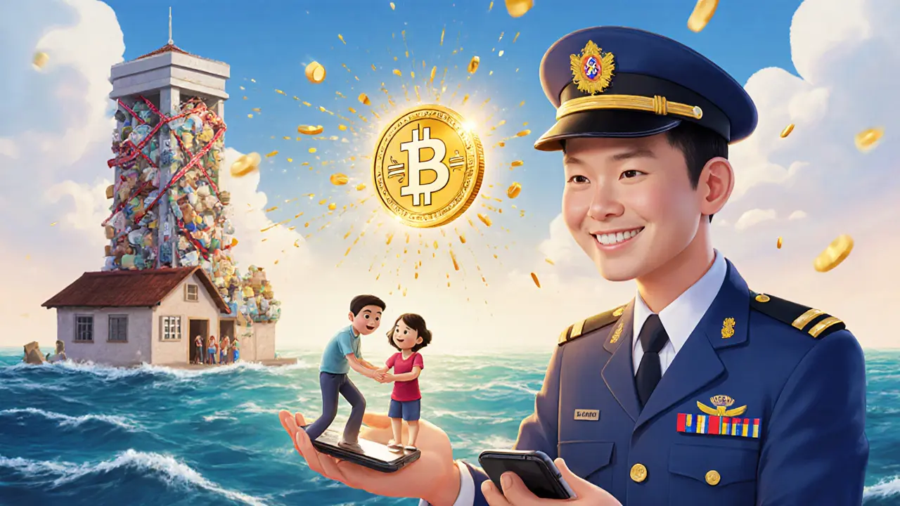 A worker sends a digital payment across the ocean to their family, with a glowing stablecoin and a fading traditional bank tower.