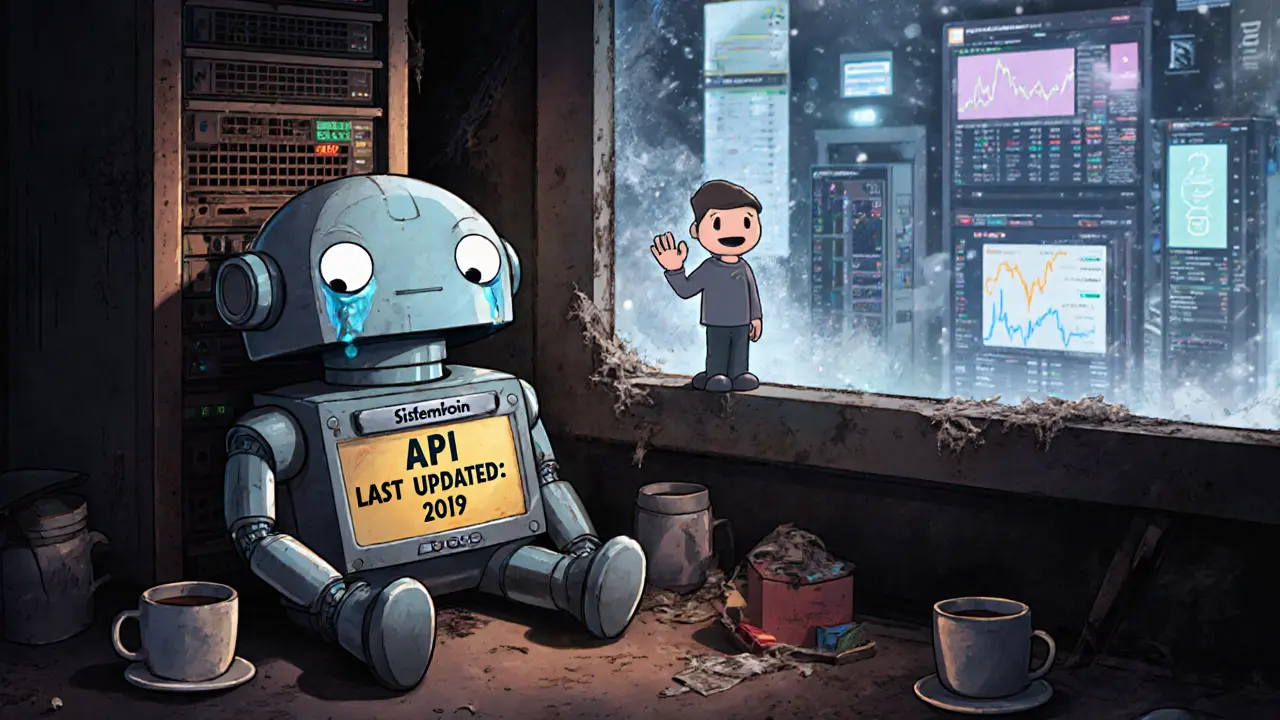 An outdated robot sits alone on a dusty server rack, its screen showing &#039;API Last Updated: 2019&#039;.