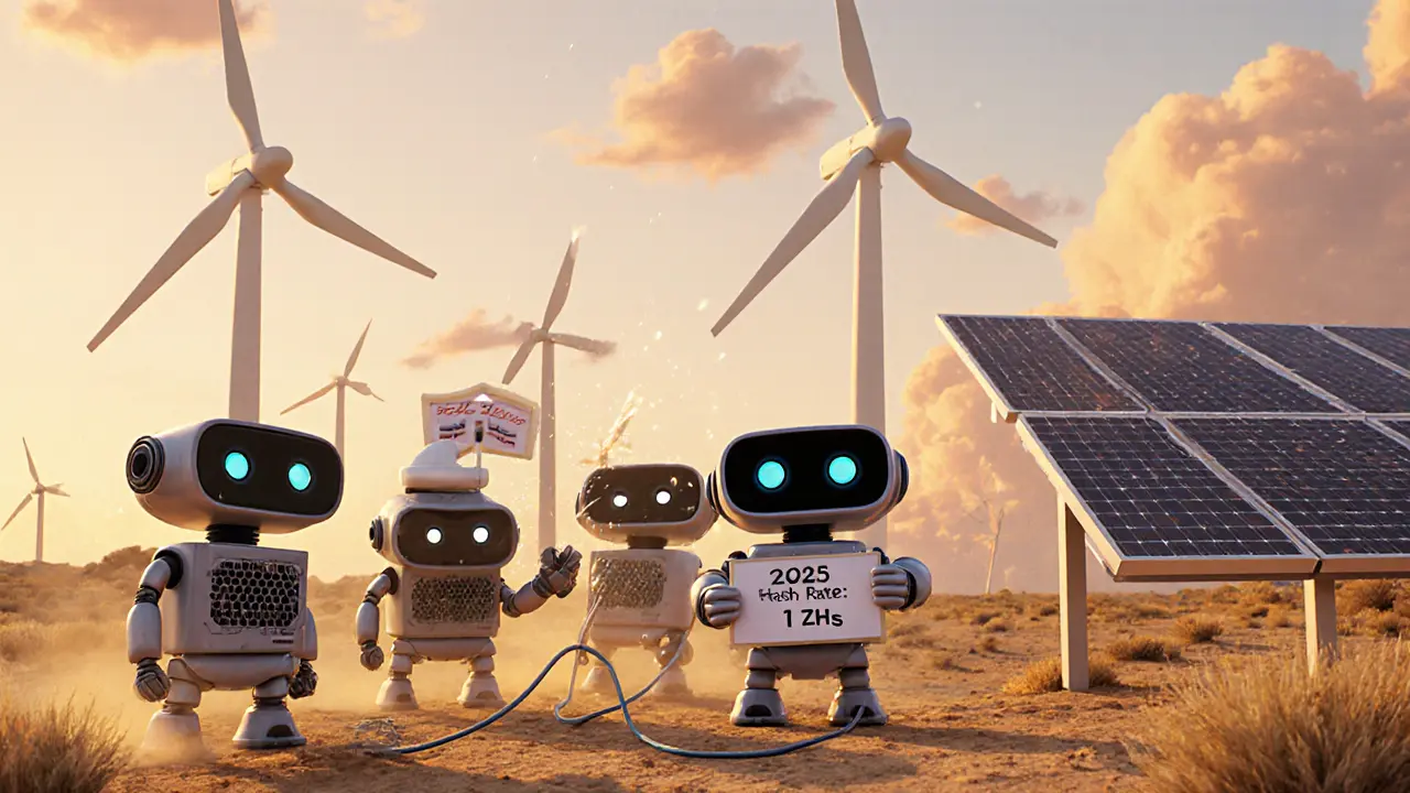 Cute robotic miners work together in a Texas desert, connecting to wind turbines and solar panels.