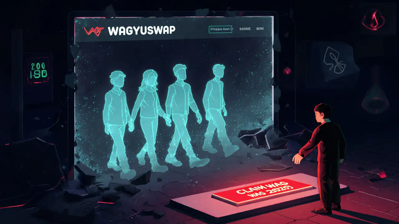 Ghostly developers fading away as a user reaches for a phishing &#039;CLAIM WAG 2025&#039; button.
