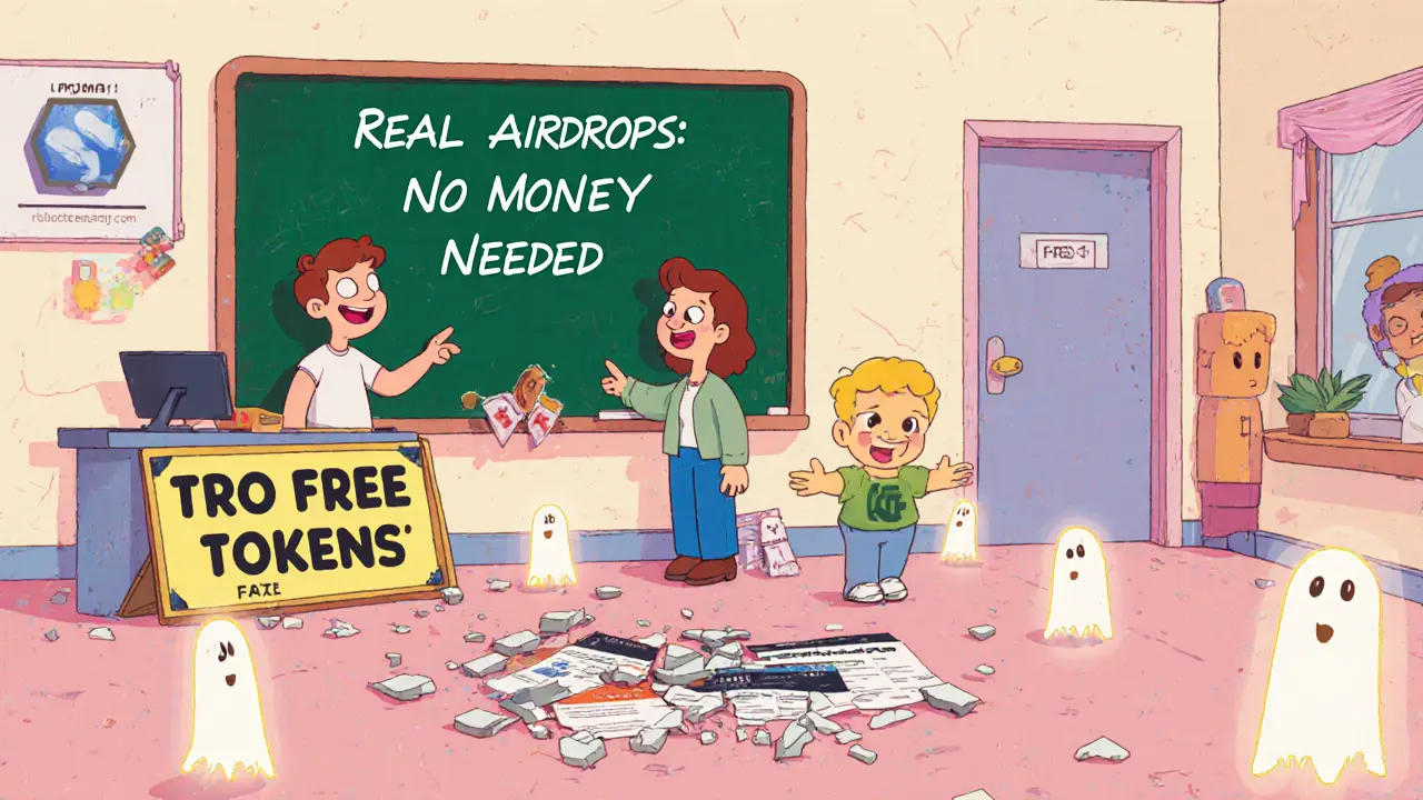 Happy users learning about safe crypto airdrops while fake scam signs break apart on the floor.