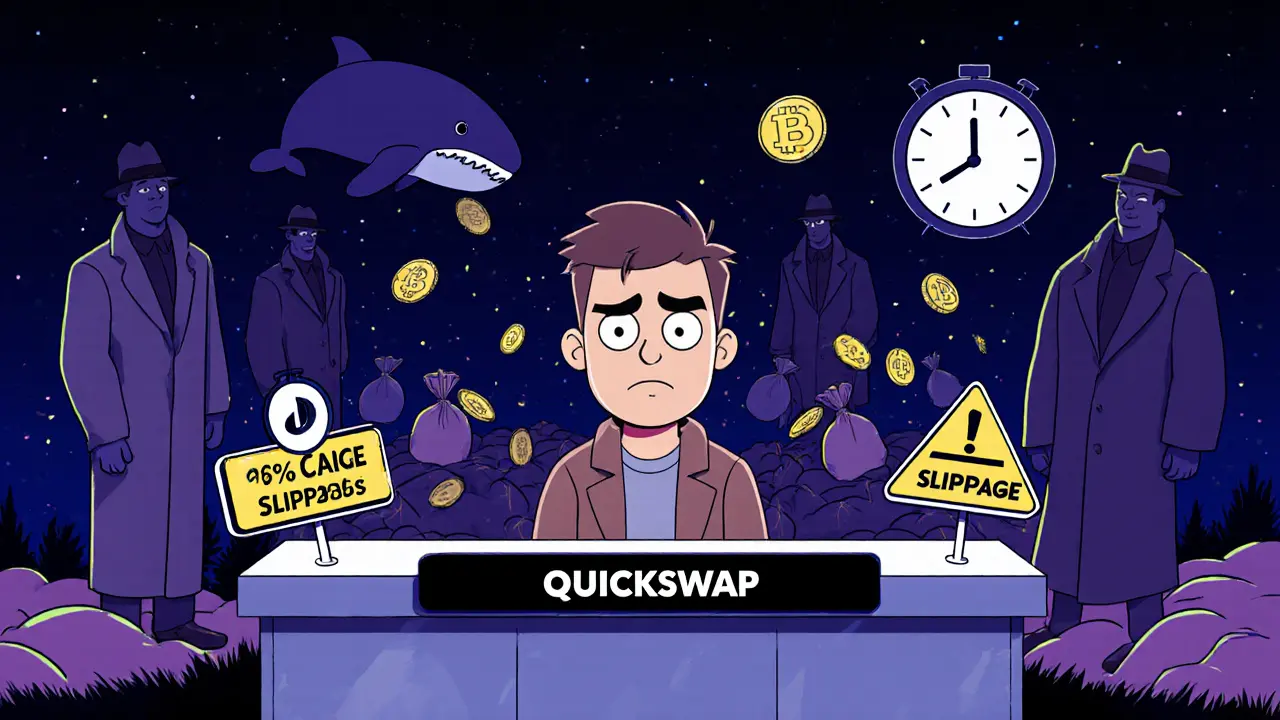 A confused investor at a chaotic crypto exchange surrounded by warning signs and whales dumping tokens.