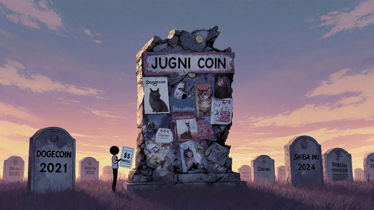 A crumbling JUGNI monument in a graveyard of dead memecoins under a twilight sky.