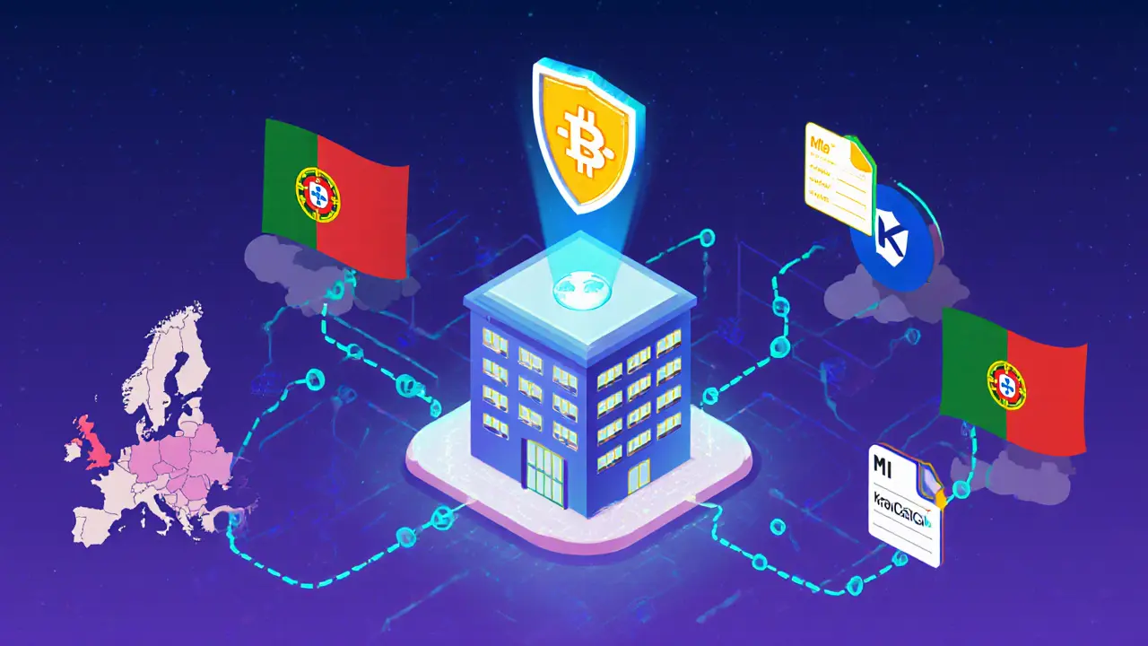 A glowing blockchain network connecting Portugal to Europe, with data flowing into a tax office.