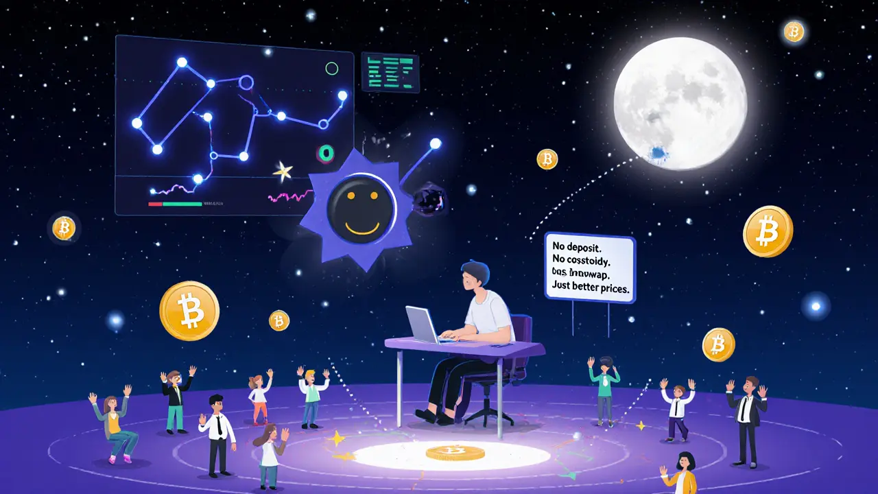 A lone trader under a starry sky receives liquidity from global exchanges, guided by a friendly Orion constellation logo.