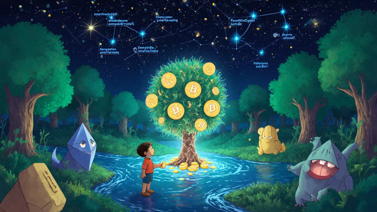 A magical forest of blockchain trees and glowing crypto rivers represents decentralized finance without central control.