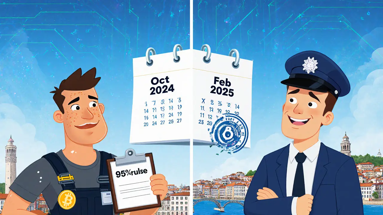 A miner being lectured by a tax inspector while an investor celebrates a year-long crypto hold.