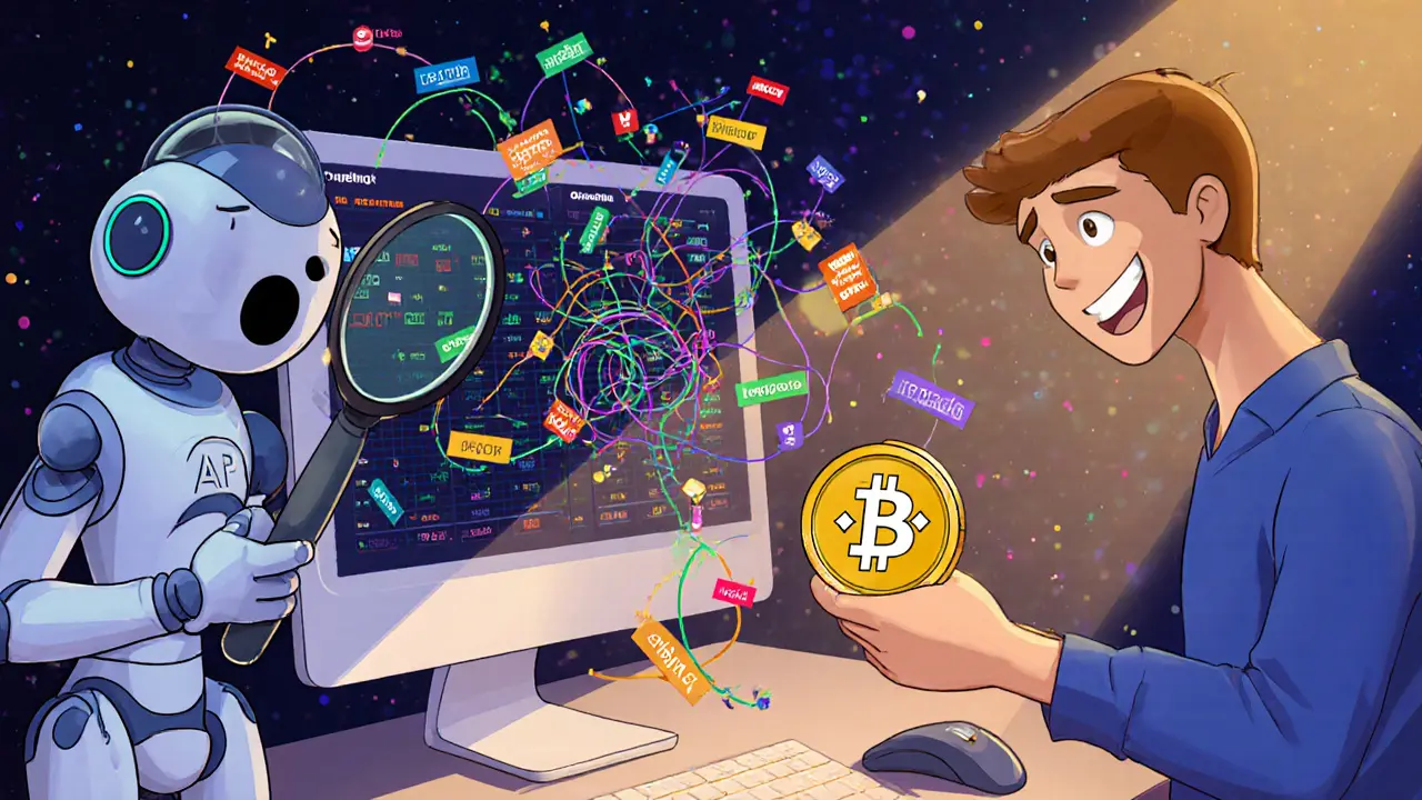 A robot assistant scans crypto prices from colorful platforms while a new user looks confused beside an experienced trader.