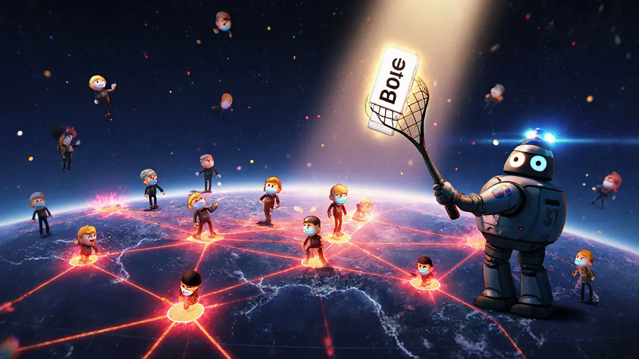 A robot police officer seizes 47 glowing crypto nodes on a global digital map.