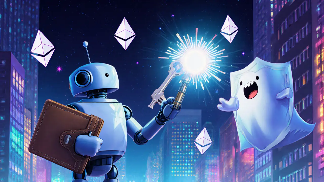 A robot signing a transaction while a hacker ghost is repelled by digital shields.