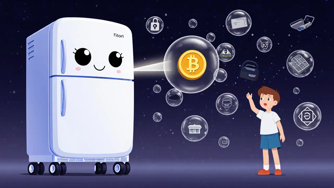A smart fridge sending a private crypto payment with zero-knowledge proof bubbles.