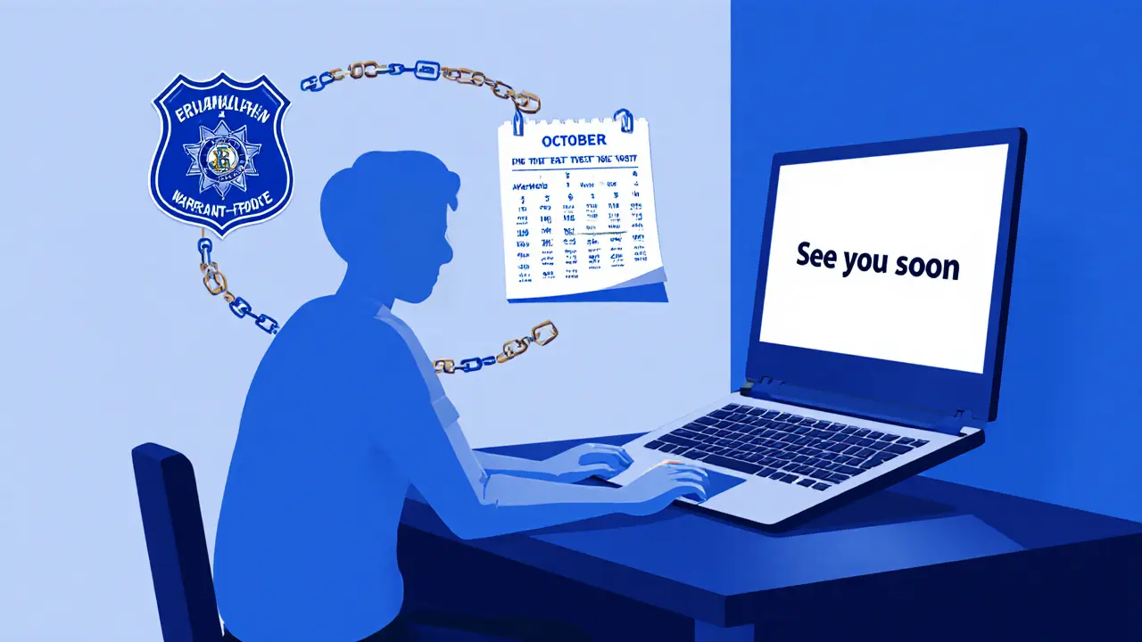 A user stares at a warning message as their shadow transforms into a police badge.