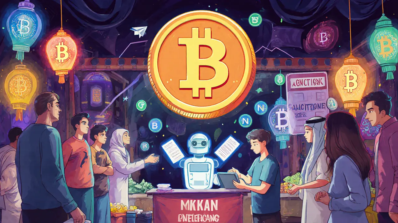 A vendor in Dubai runs a crypto Telegram bot, exchanging digital tokens with customers in a vibrant market.