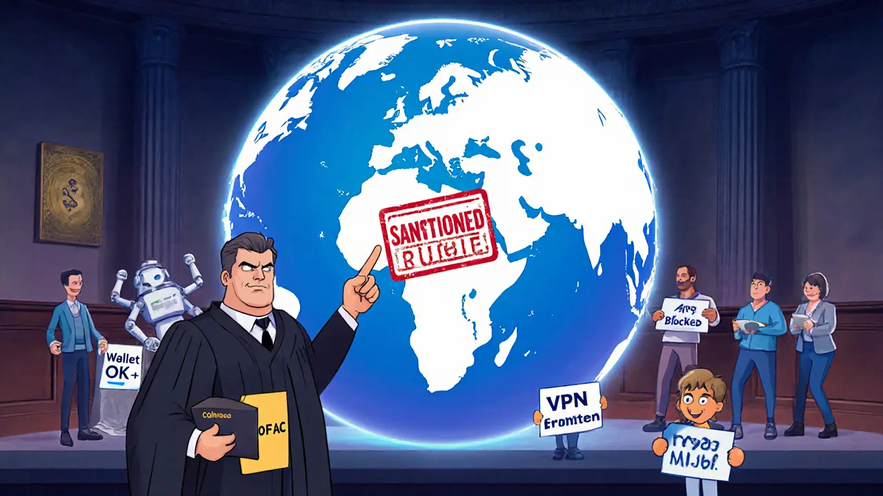 Courtroom scene inside a globe where OFAC judge blocks sanctioned countries, while users face consequences for using VPNs.