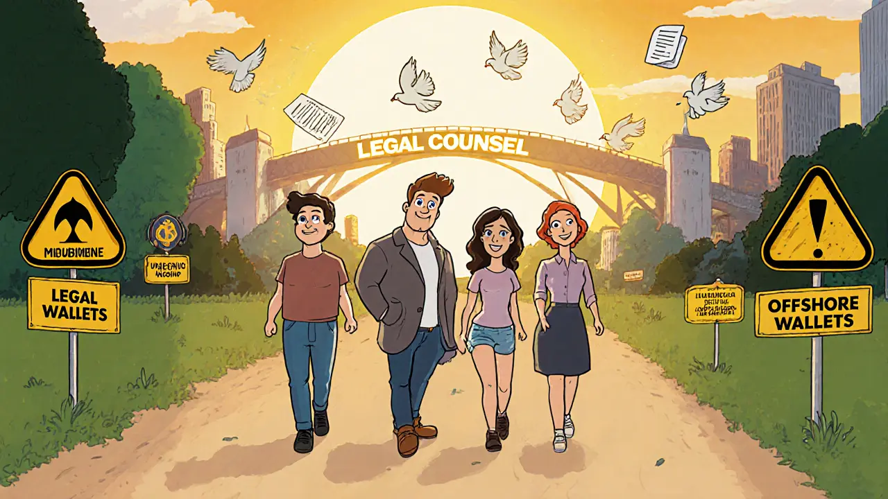 Crypto users walk toward a glowing bridge labeled &#039;Legal Counsel&#039; as warning signs fade behind them.