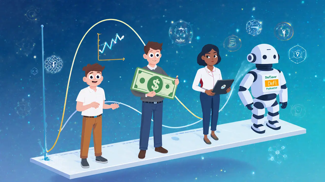 Diverse users on a floating platform above a smooth-to-sharp interest rate curve with AI and blockchain elements.