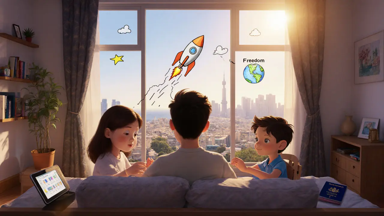 Family in Singapore viewing crypto portfolio, U.S. passport on shelf beside new Maltese passport and a child&#039;s drawing.