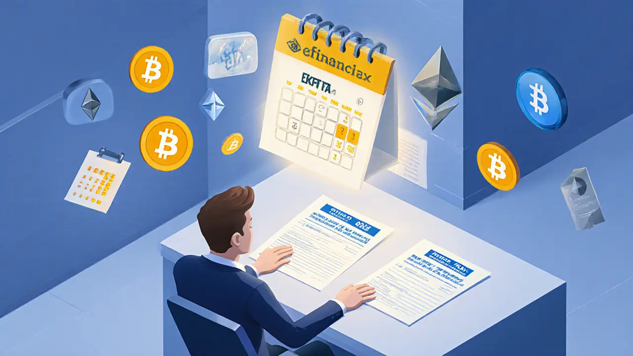 Financial planner surrounded by floating crypto icons and a glowing exit tax calculator, planning strategically.