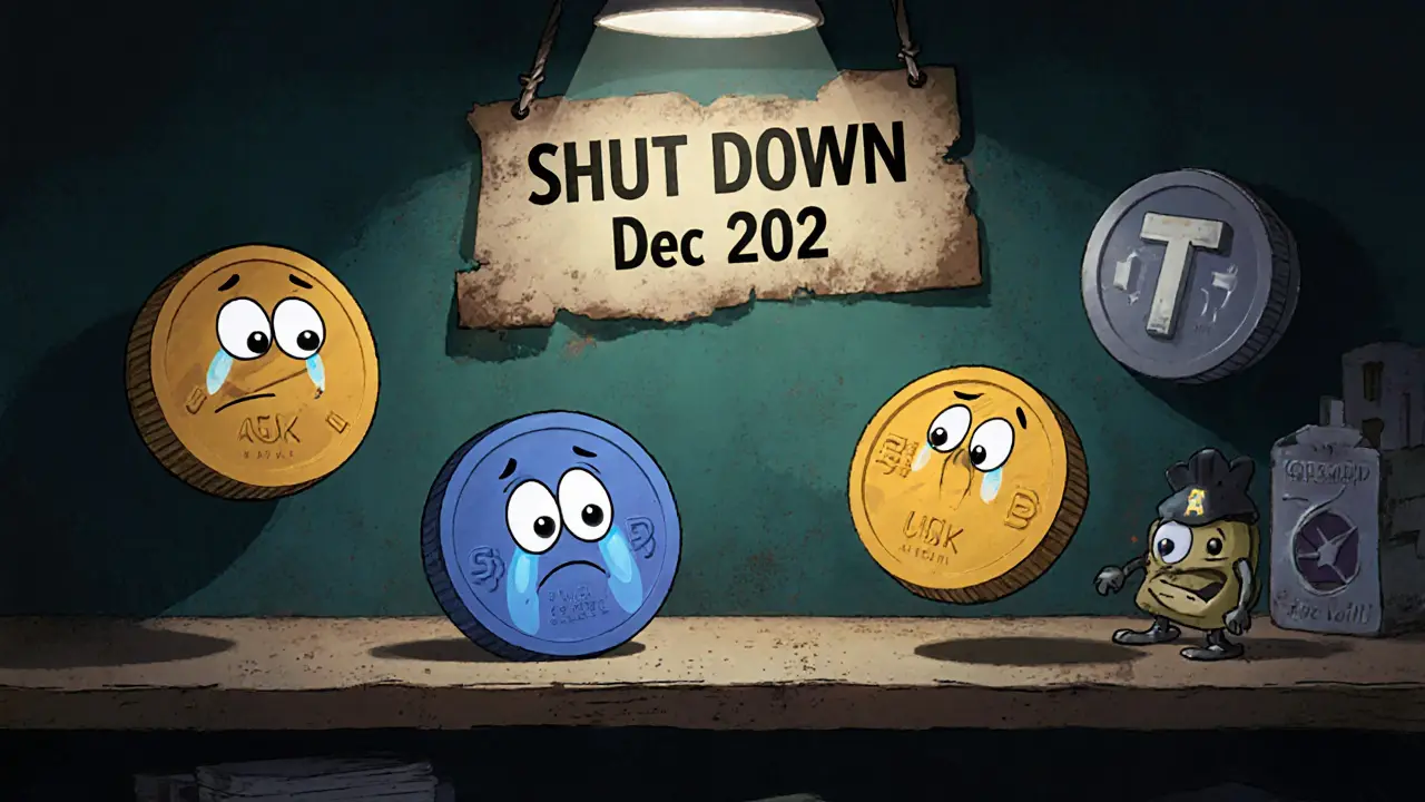 Sad BANK and STBL tokens on a dusty shelf while other tokens enter active platforms.