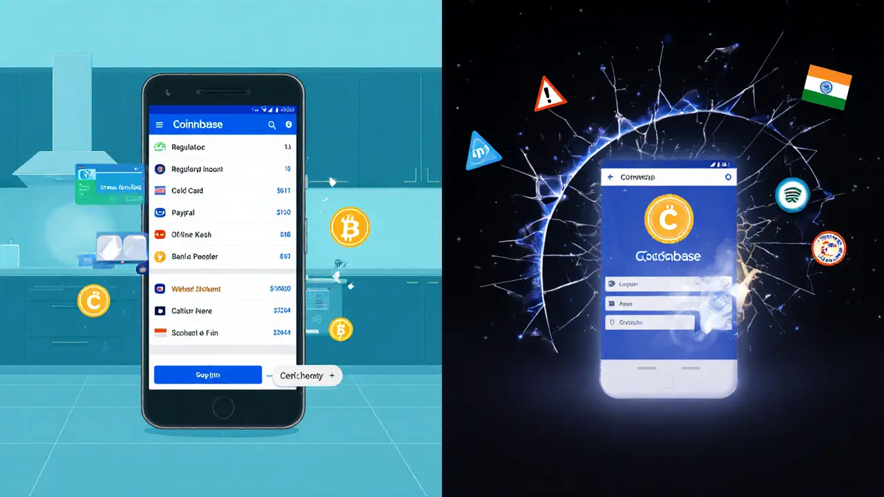 Side-by-side digital interfaces: Coinbase App with payment options in the U.S., and Coinbase Wallet connecting to DeFi apps in India.