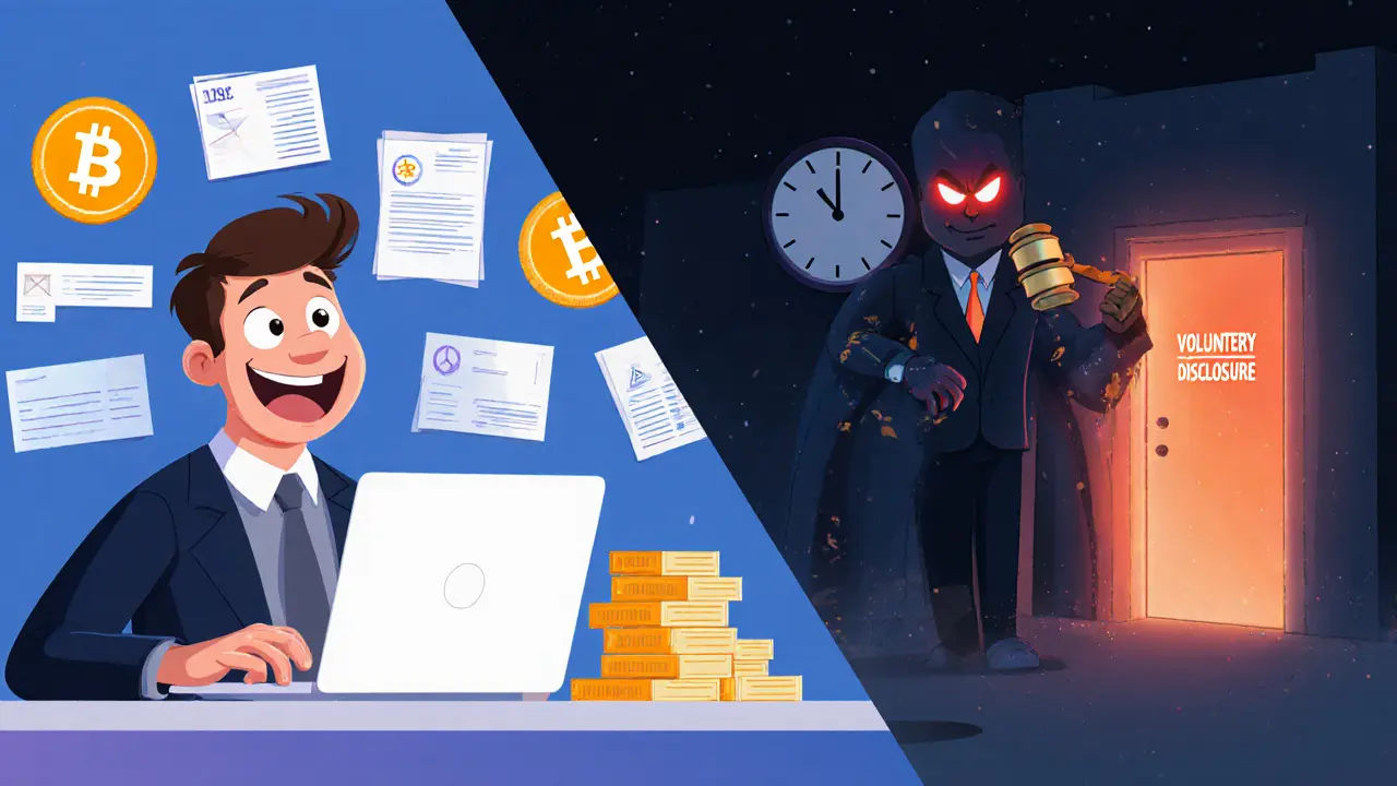 Split scene: one side shows easy tax software use, the other shows a looming IRS auditor with Bitcoin gavel.