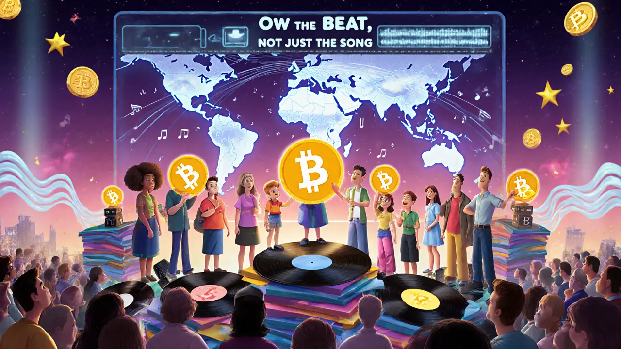 A crowd holds glowing HUSL tokens on a stage of vinyl records and blockchain blocks, with a holographic world map above.
