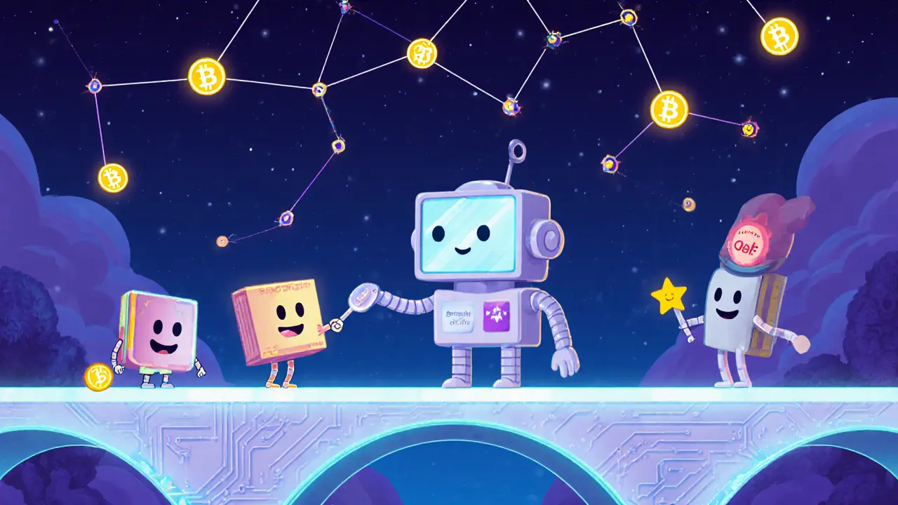 A friendly smart contract robot giving QBT tokens to wallet-shaped characters on a blockchain bridge.