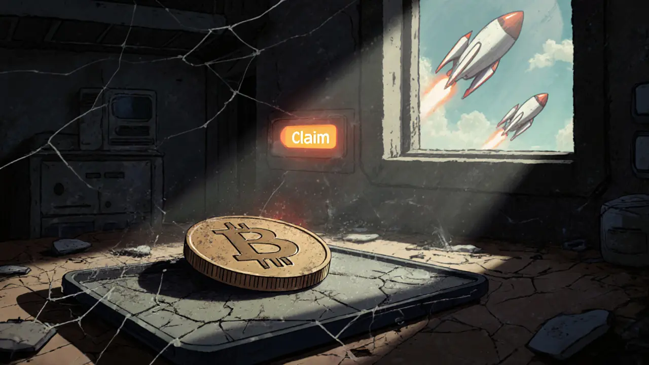 A lone faded QBT token lies on a dusty tablet in an abandoned tech lab with flickering claim button.