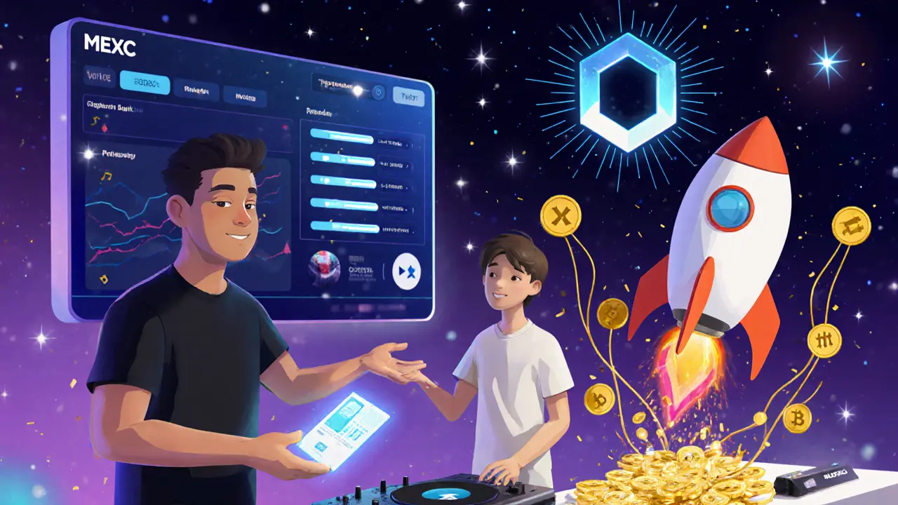 A producer hands a glowing beat NFT to an artist as audio stems transform into a musical rocket ship.