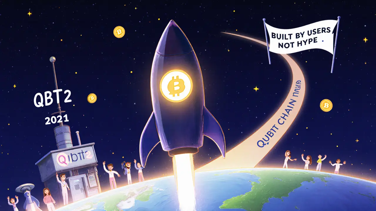 A rocket labeled Qubit Chain launching into space, leaving behind a fading BSC rocket with QBT tokens.