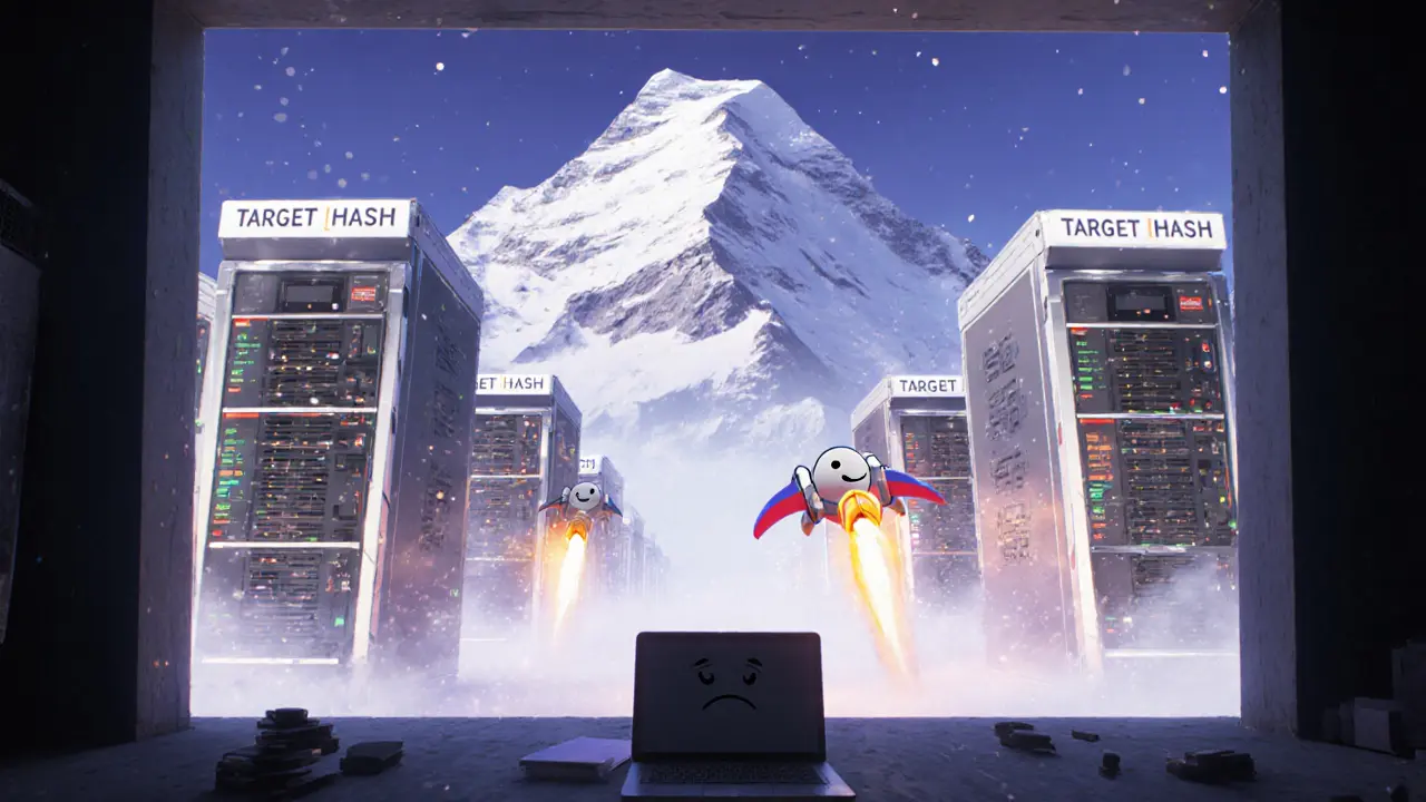 A sad laptop watched by towering, jetpack-wearing ASIC miners in a tunnel of hashes beneath a sand-grain mountain.