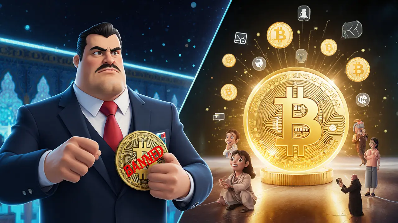 A split scene showing a banned Bitcoin stamp versus a glowing Moroccan digital currency app.