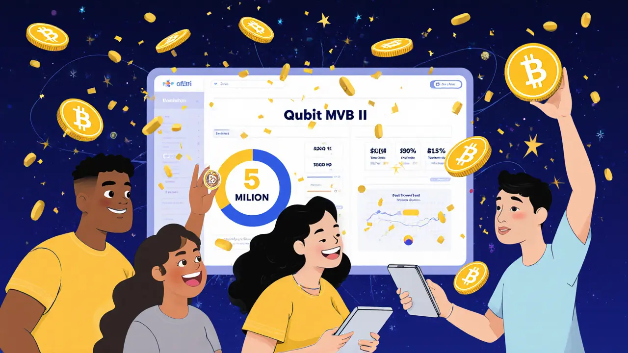 Stylized users watching QBT tokens rain down on a digital dashboard during a DeFi airdrop event.