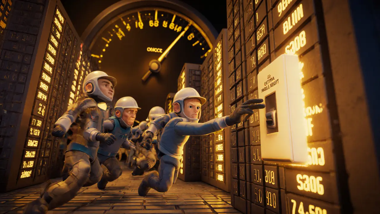 Tiny ASIC miners racing through a labyrinth of block headers, flipping an extra nonce switch to reset the Merkle tree.