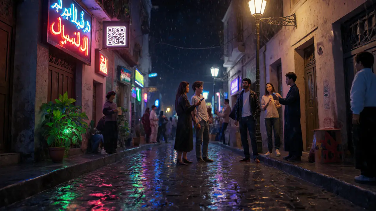 Young people secretly trading cash for crypto in a dimly lit Moroccan alley at night.