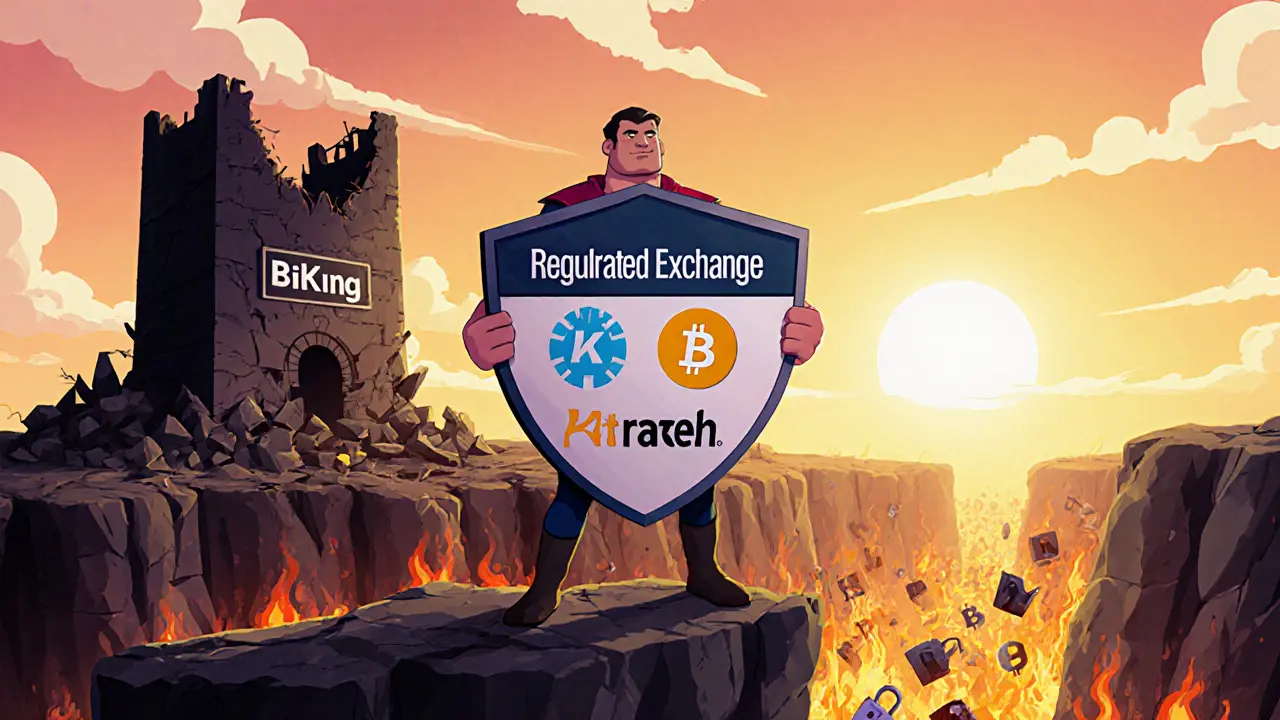 A brave trader stands with a shield of safe exchanges as a risky platform collapses behind them.