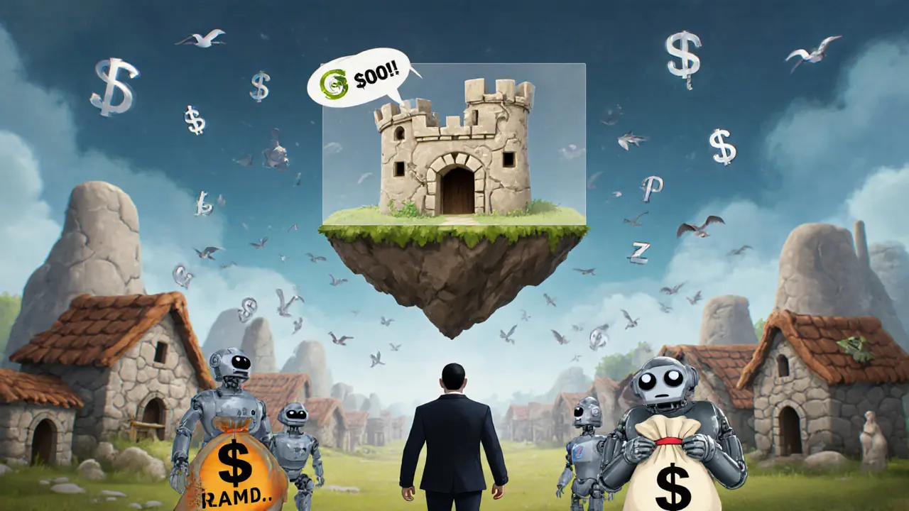 A fake Stone Age game hologram above an empty village, surrounded by spam bots and a shadowy figure walking away with money.