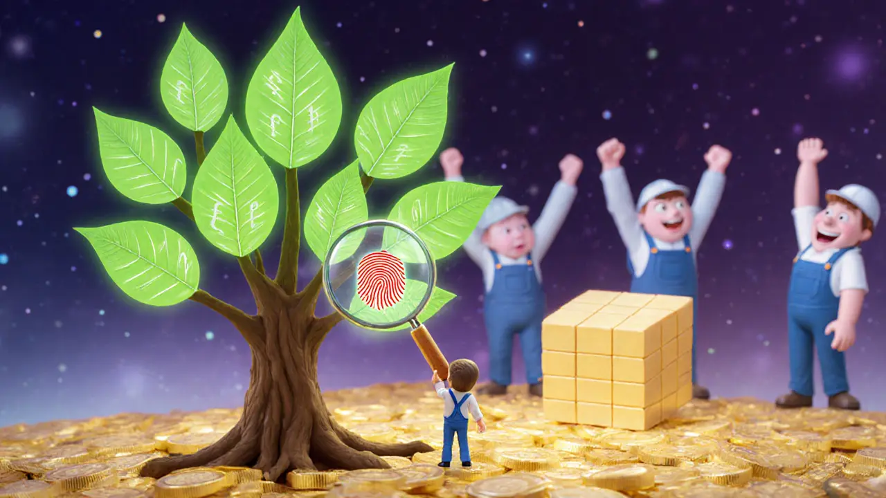 A glowing Merkle tree with transactions as leaves, a user examining one with a magnifying glass.