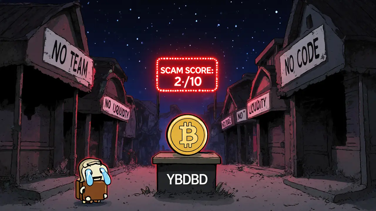 A lonely YBDBD token on a dusty shelf in a ghost town marketplace with signs listing missing project elements.