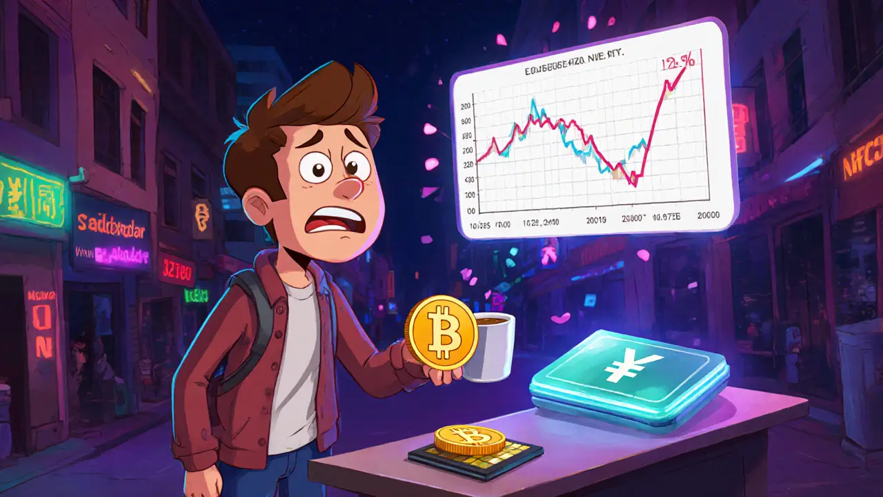 A man in El Salvador panicking as Bitcoin&#039;s price drops while he tries to buy coffee, with competing digital currencies nearby.