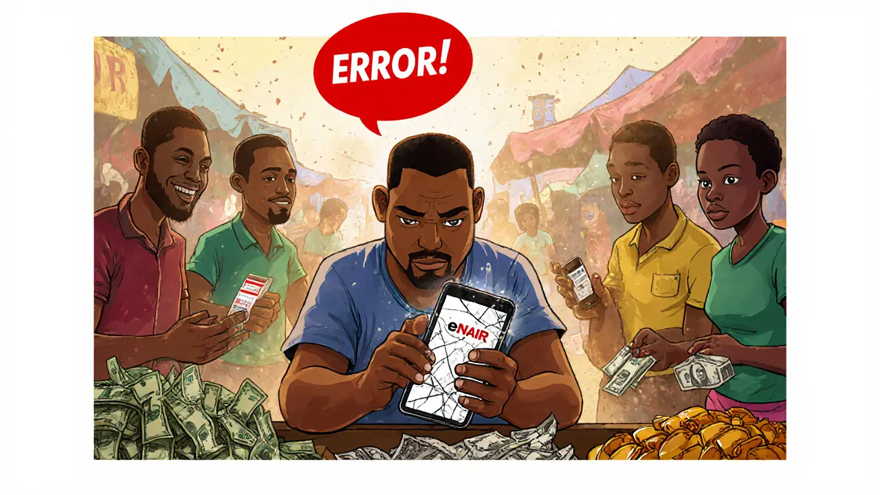 A Nigerian vendor frustrated by a crashing digital currency app while customers use cash and mobile payments at a busy market.